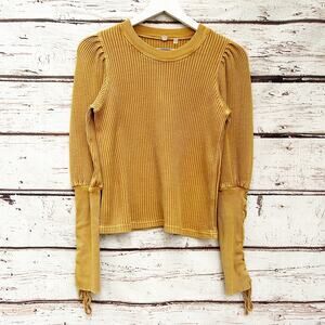 FREE PEOPLE Mustard Yellow Waffle Knit Sweater Braided Sleeves Size XS